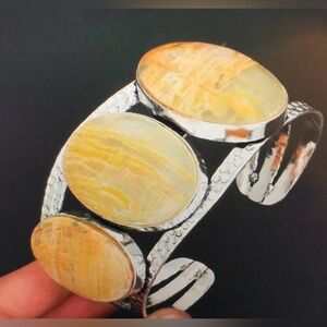 Yellow Lace Agate Stamped 925 Sterling Silver Cuff Bracelet